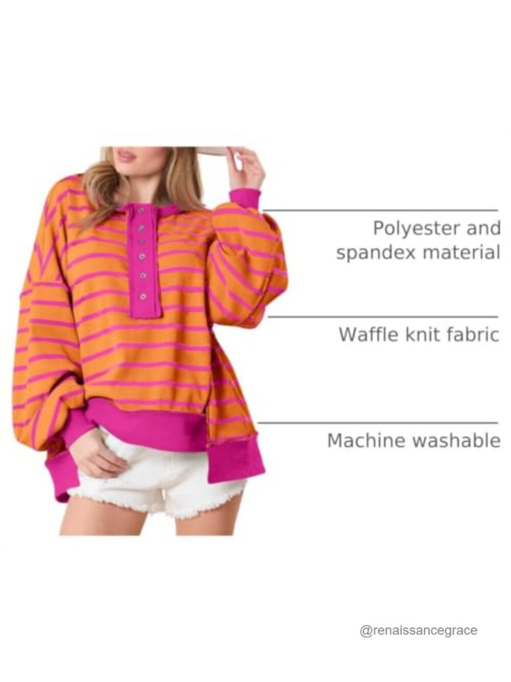 Oversized Striped Henley Sweatshirt Waffle Knit Long Sleeve Pullover Fall Winter - Picture 3 of 6